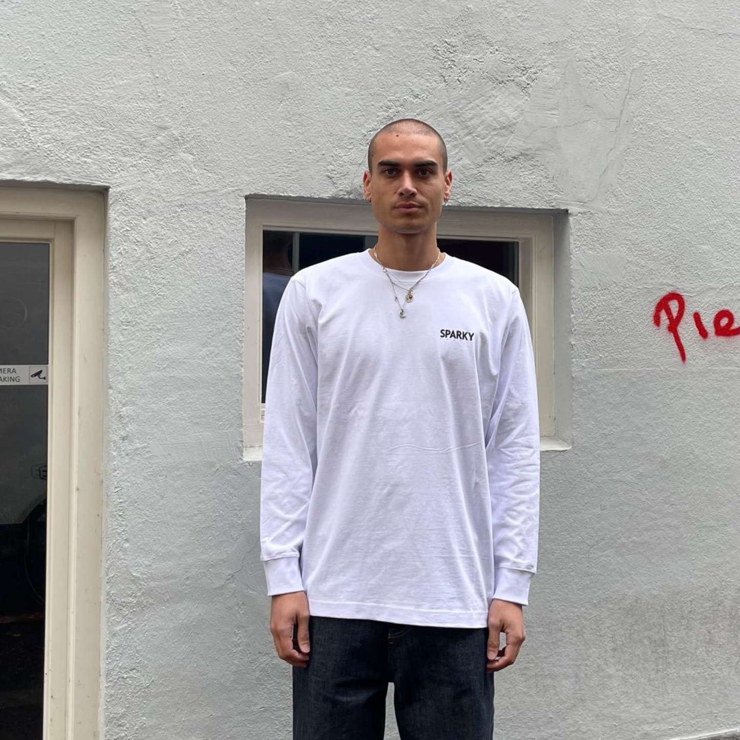 Sparky Shopfront Longsleeve T-Shirt White/Black