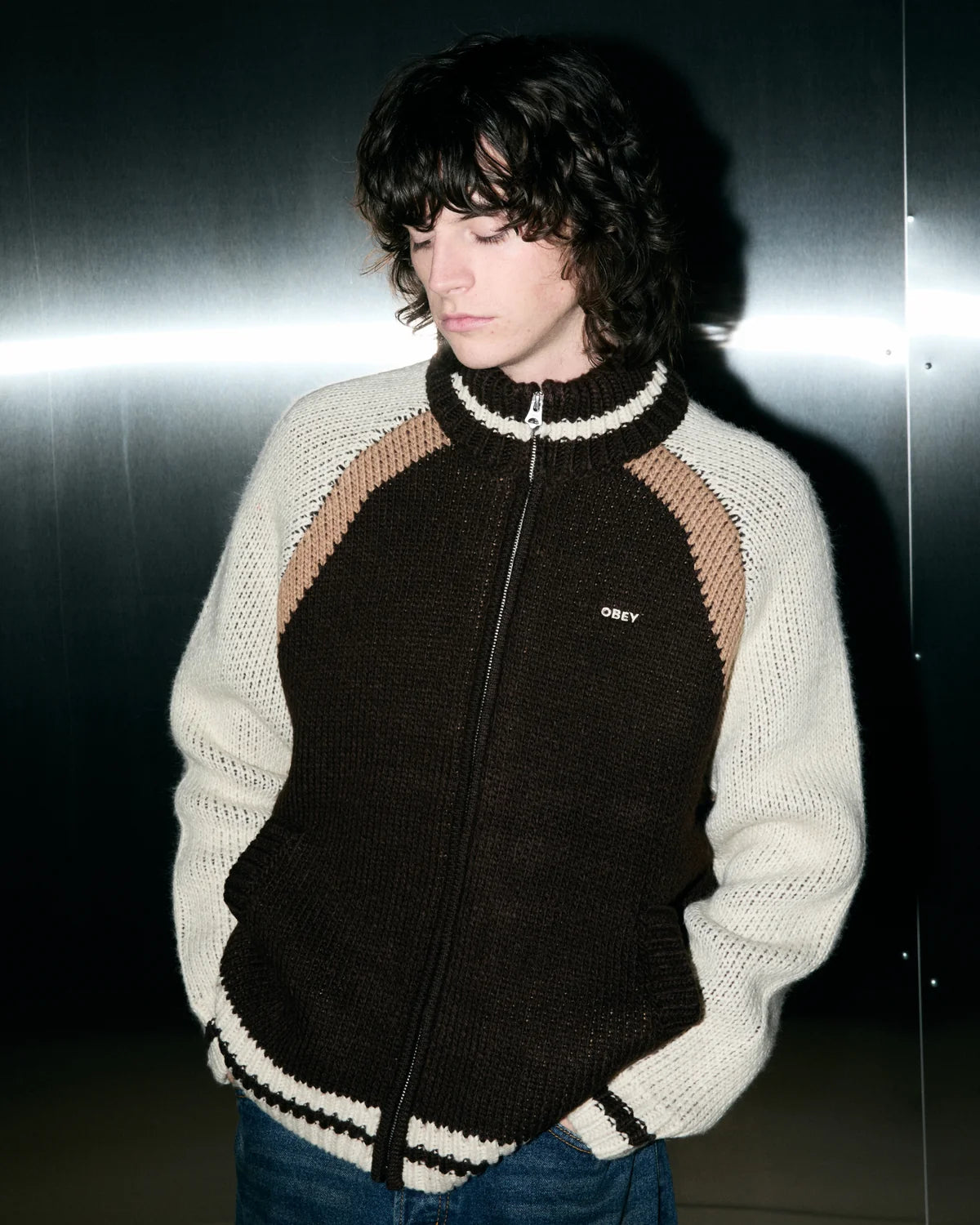 Obey Aven Zip Up Sweater Brown