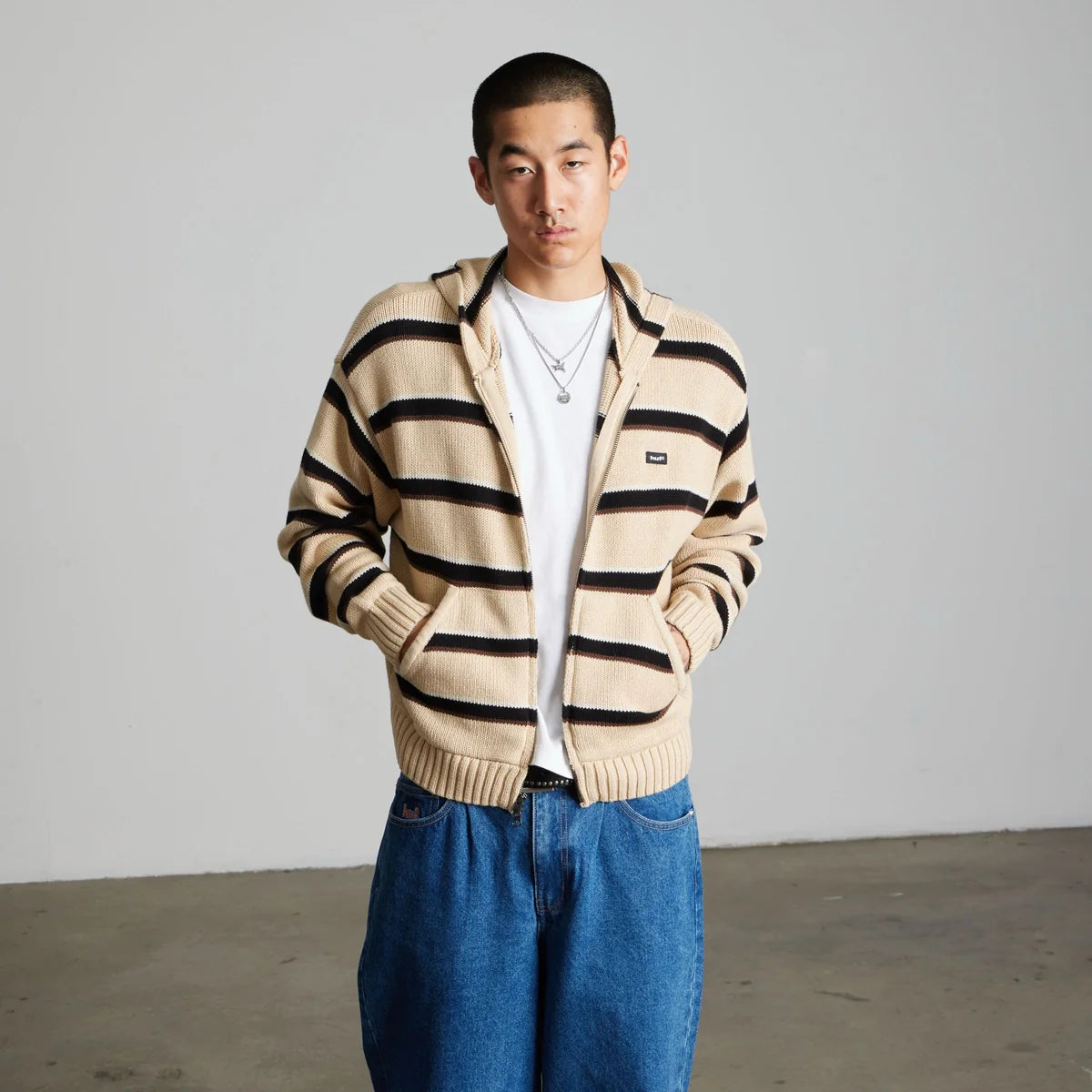 HUF Banks Striped Full Zip  Hooded Sweater Tan