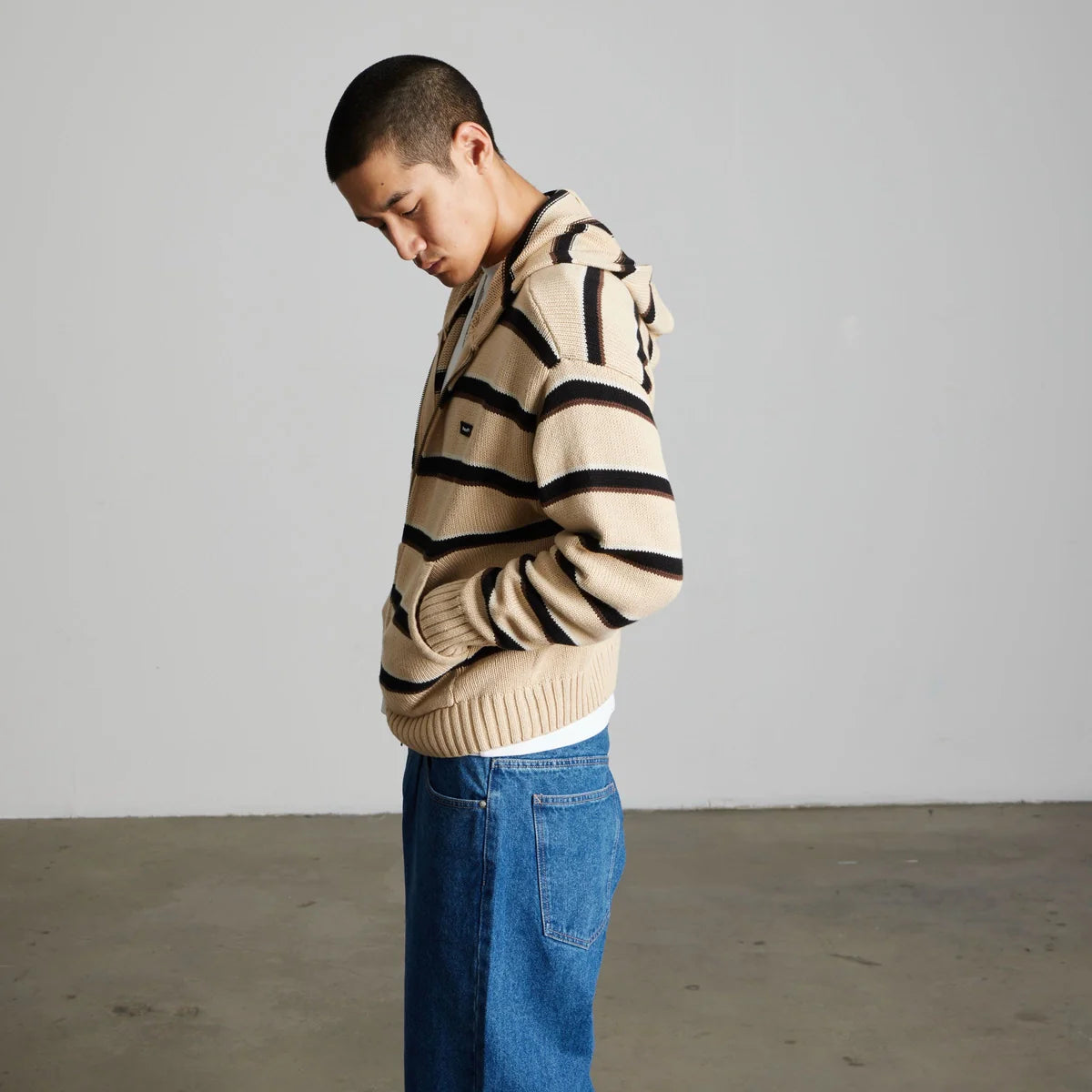 HUF Banks Striped Full Zip  Hooded Sweater Tan