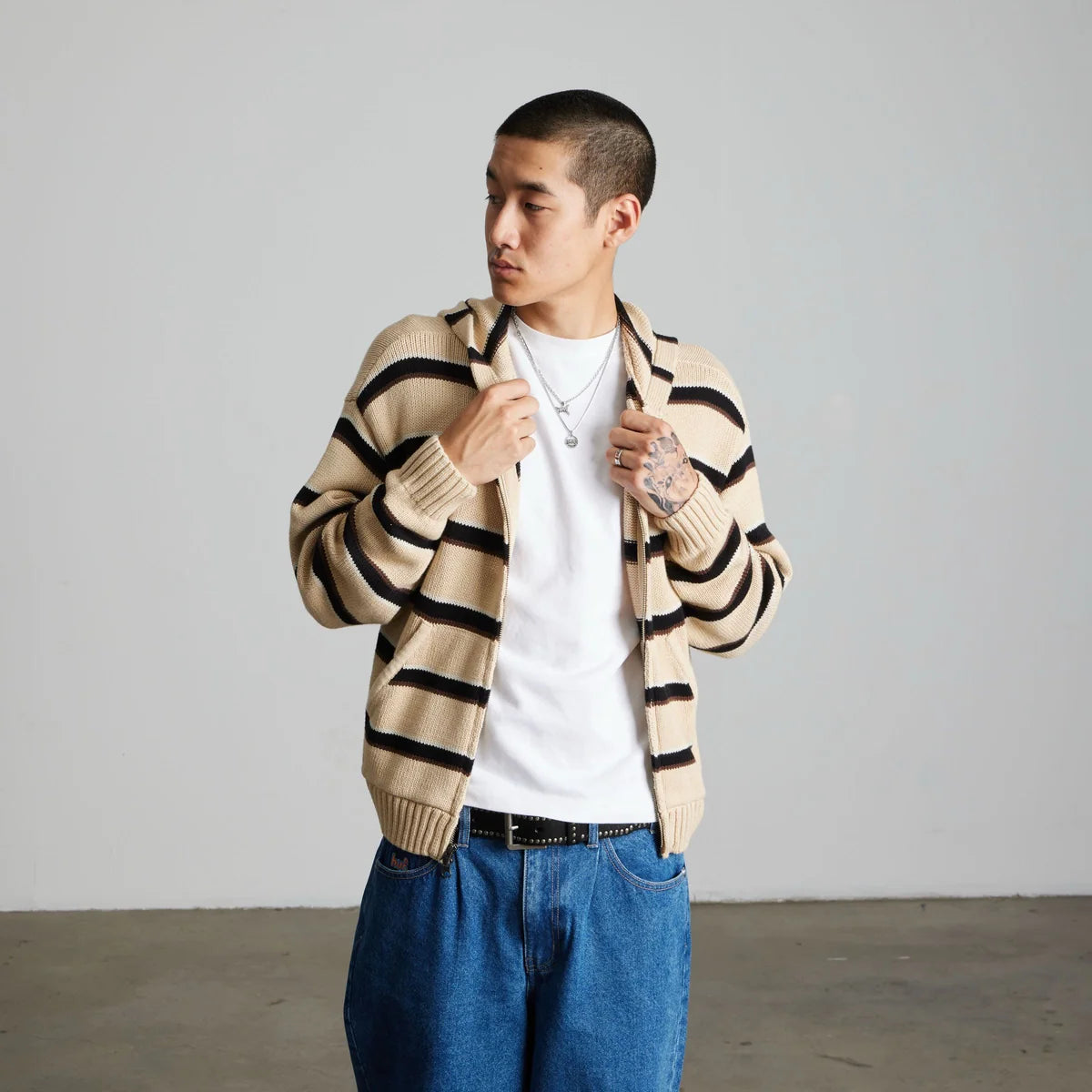 HUF Banks Striped Full Zip  Hooded Sweater Tan