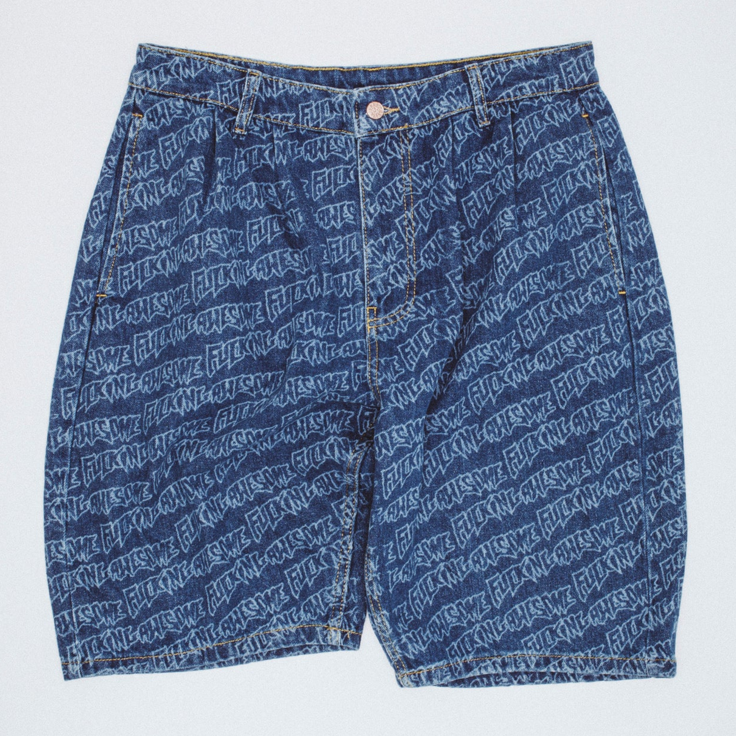 Fucking Awesome Baggy Pleated Denim Laser Stamp Shorts Blue