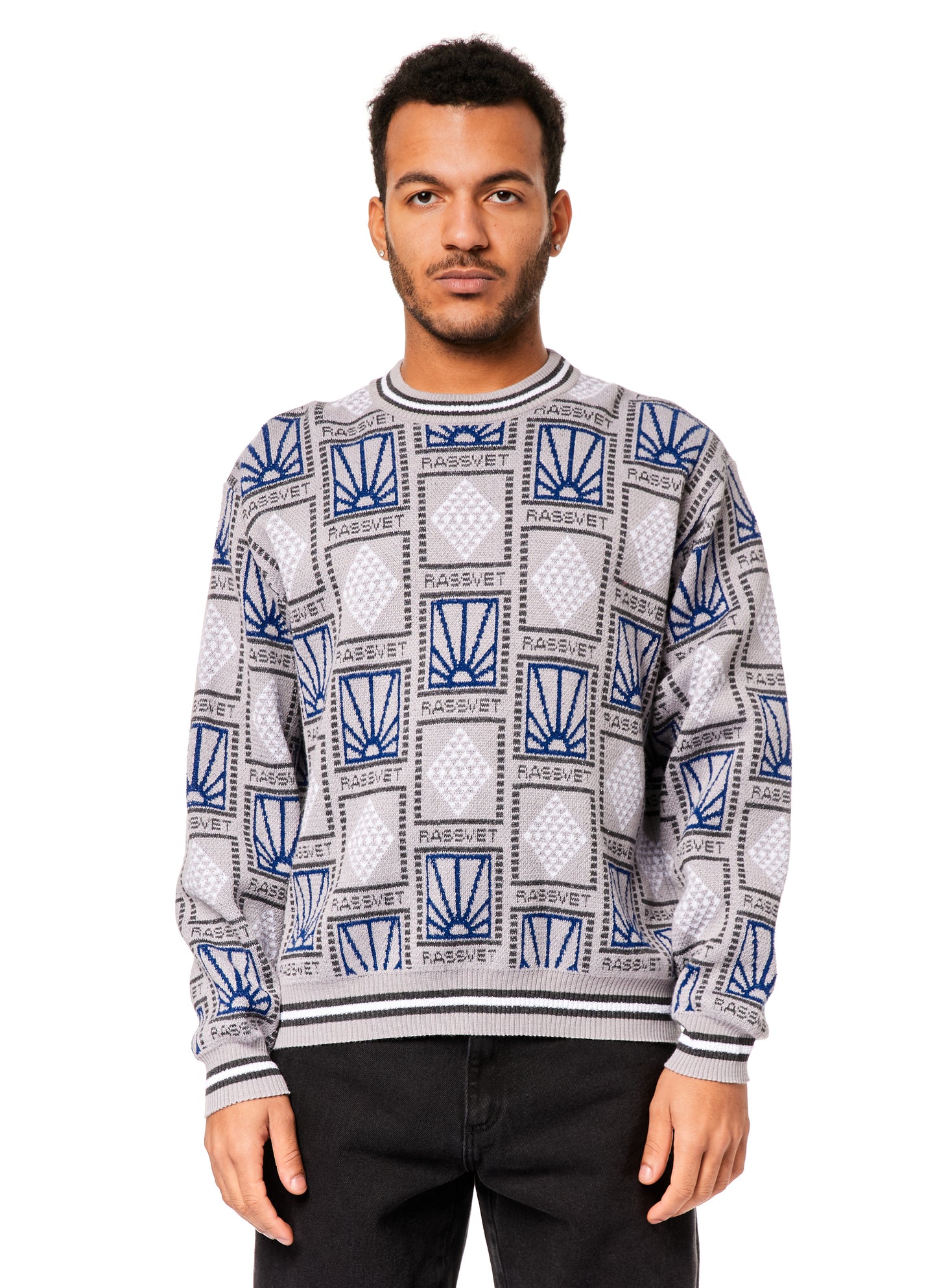 Rassvet Pattern Logo Jacquard Knit Sweater Light Grey