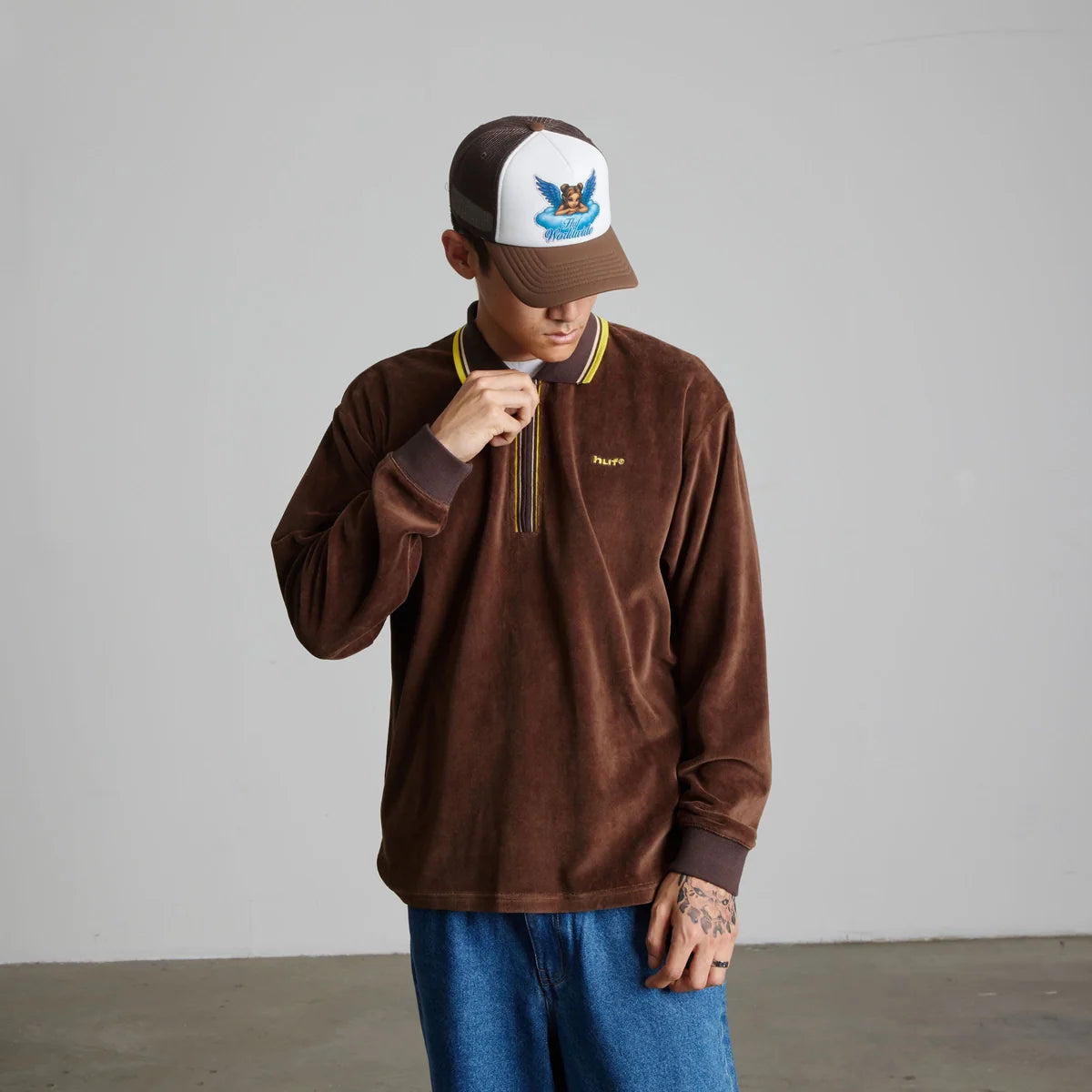 HUF Parker Velour Longsleeve Polo Brown