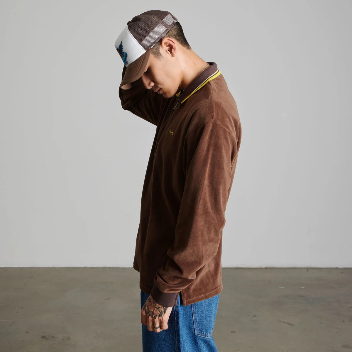 HUF Parker Velour Longsleeve Polo Brown