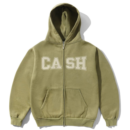 Cash Only Campus Zip-Thru Hooded Sweater Washed Olive