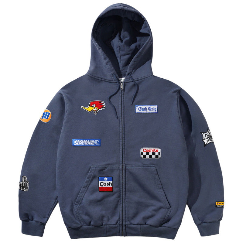 Cash Only Service Zip-Thru Hooded Sweater Washed Navy