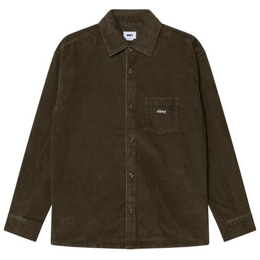 Obey Buckley Corduroy Woven Longsleeve Shirt Black Olive Faded Wash