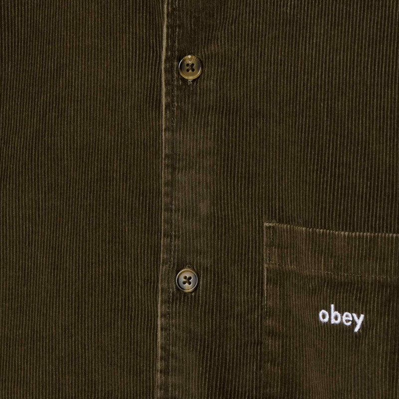 Obey Buckley Corduroy Woven Longsleeve Shirt Black Olive Faded Wash