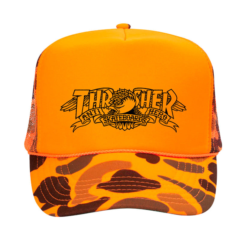 Thrasher X Anti Hero Mag Banner Trucker Hat Orange Camo