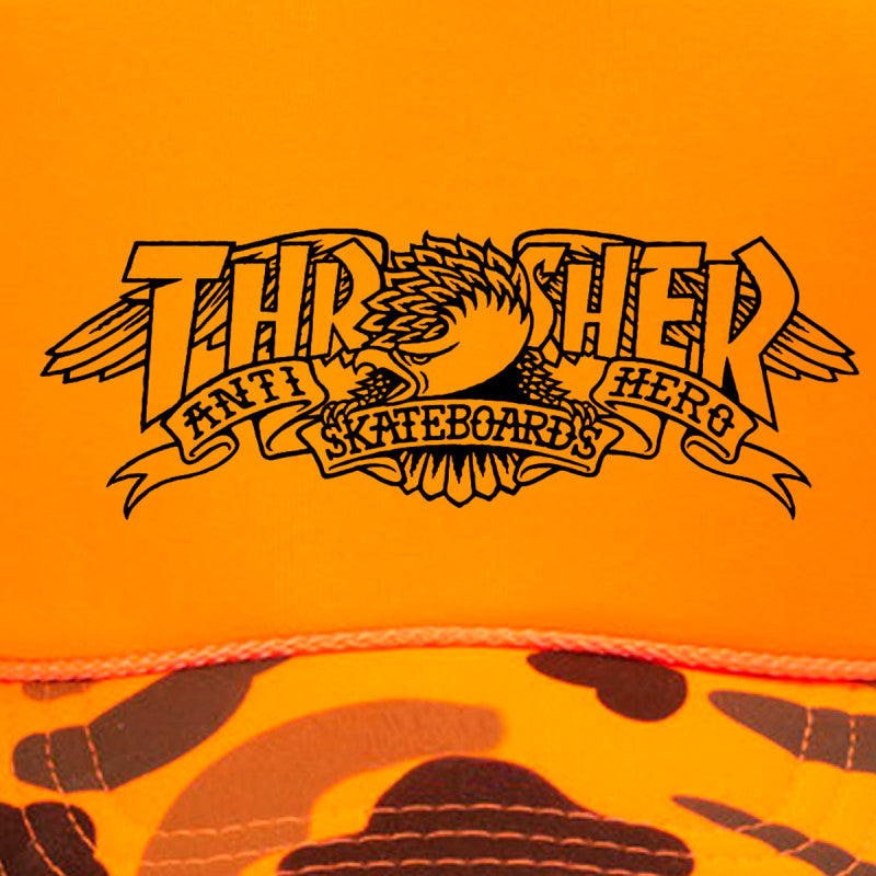 Thrasher X Anti Hero Mag Banner Trucker Hat Orange Camo