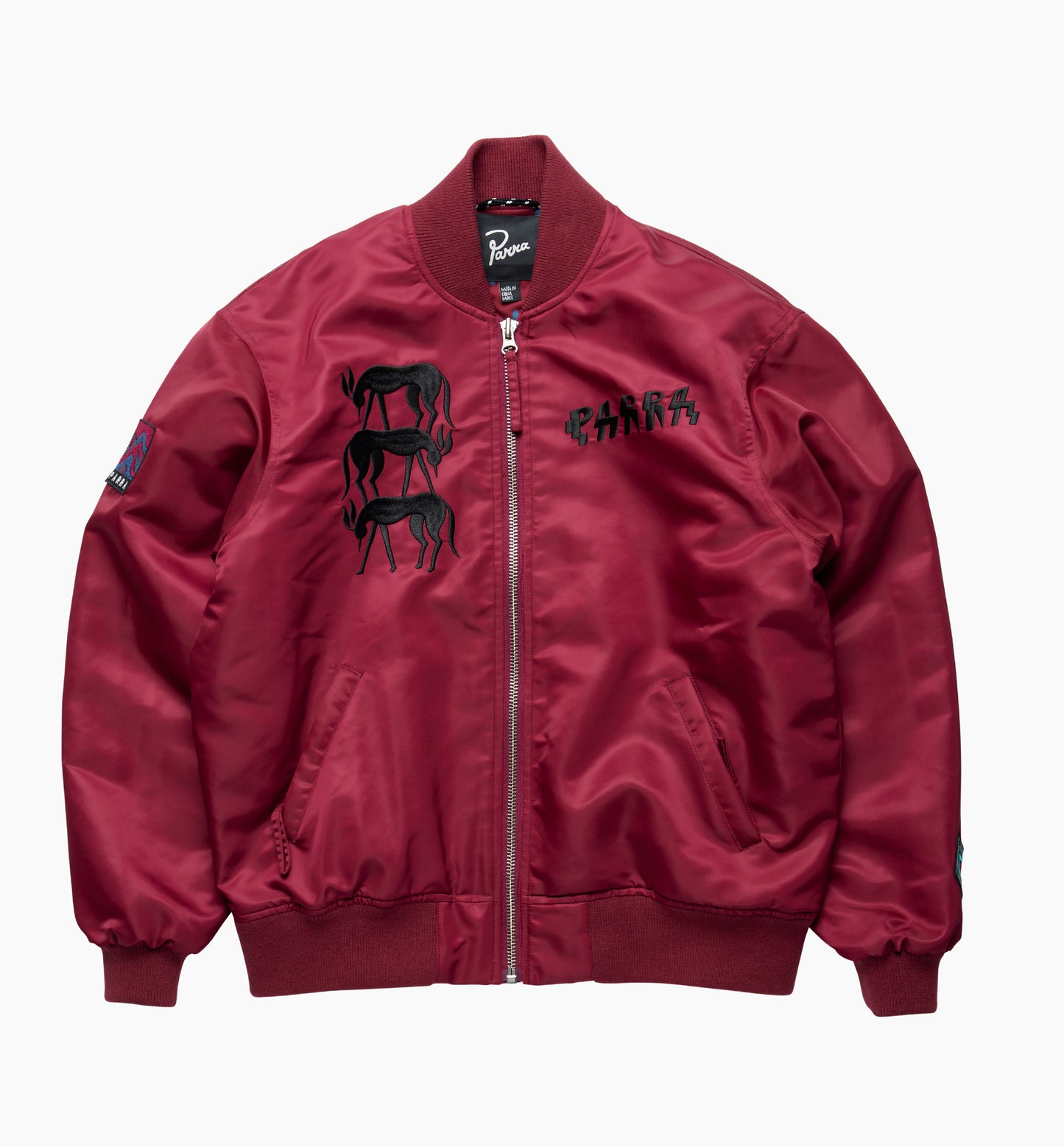 By Parra Stacked Pets Varsity Jacket Deep Red