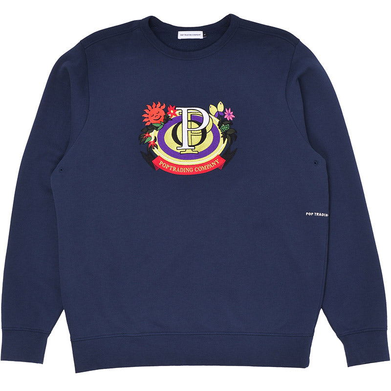 POP Floral Crest Crewneck Sweater Navy
